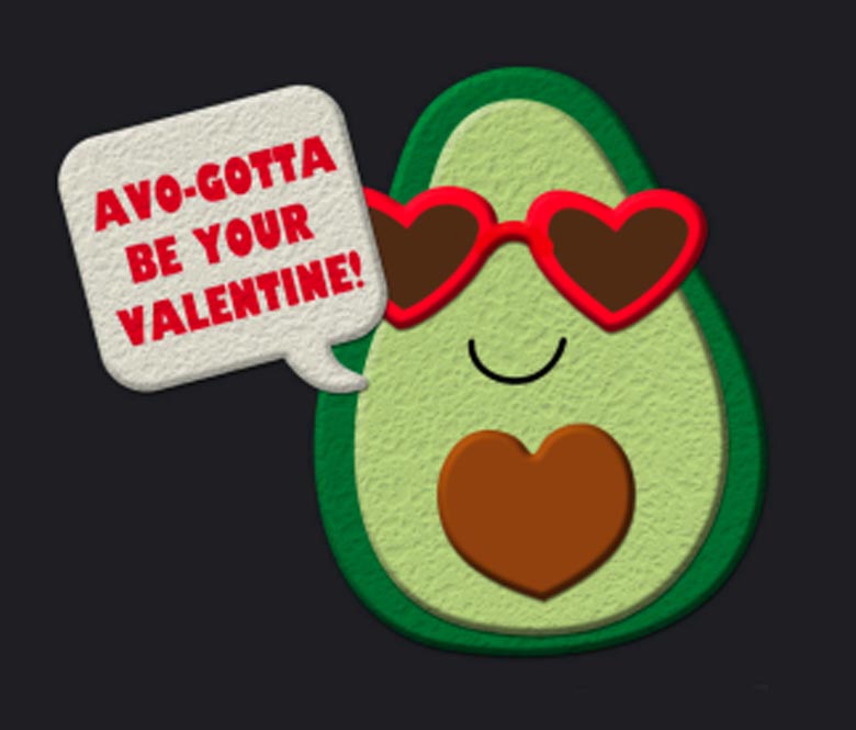 Decorated avocado magnet with conversation box with the text Avo-gotta Be Your Valentine!