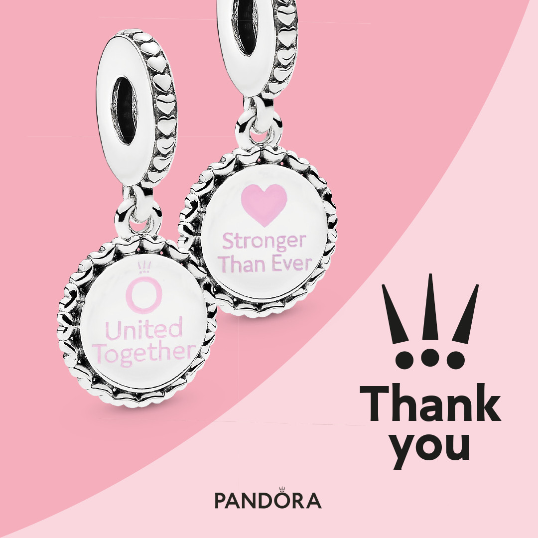Pandora logo. Text: Thank you. Shown: two silver charms one with text, Pandora logo and United Together, the other with Heart and text, Stronger Than Ever.