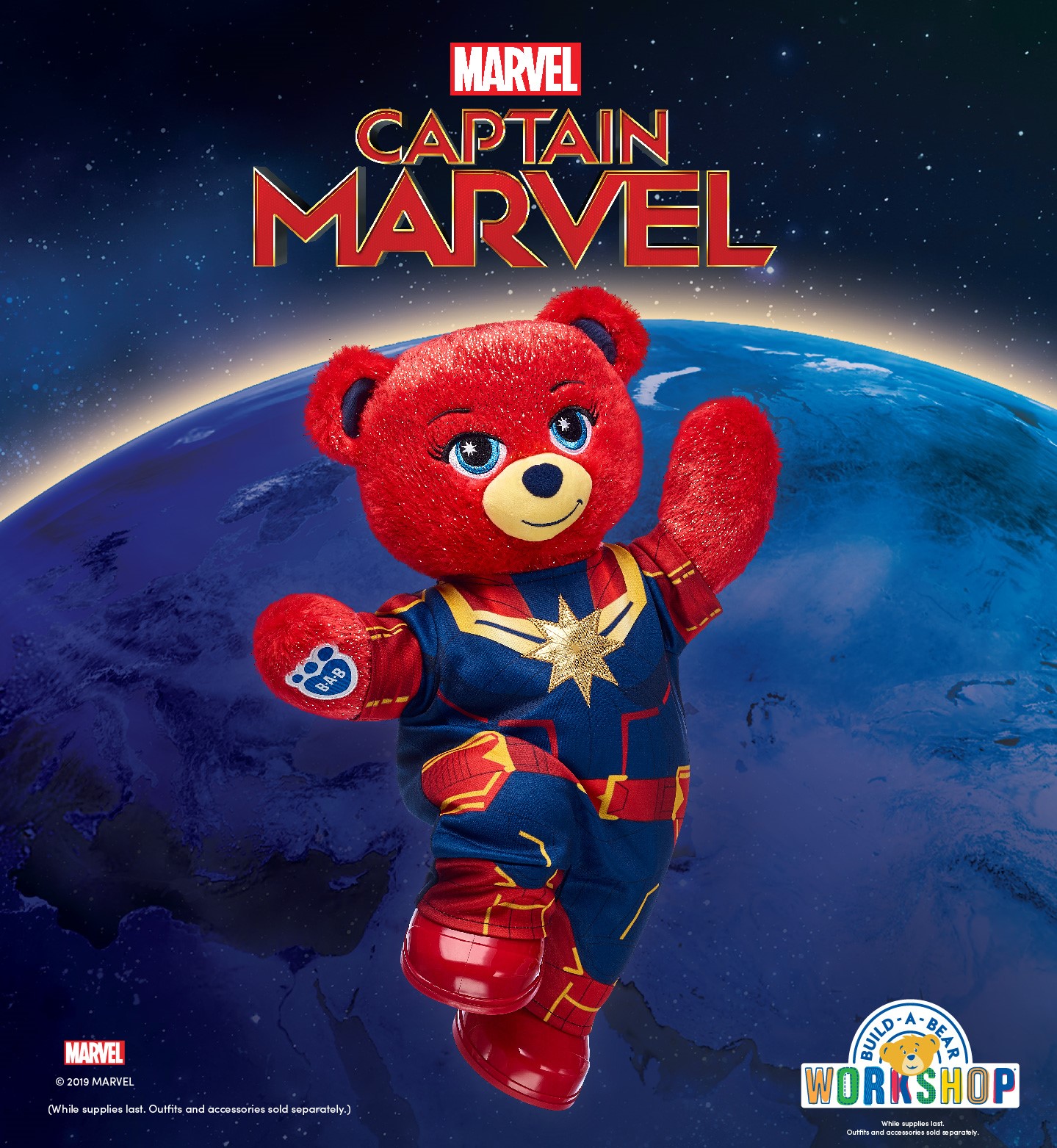 Marvel Captain Marvel, teddy bear dressed as captain marvel. Build A Bear Workshop Logo. While Supplies last. Outfits and accessories sold separately. Marvel logo