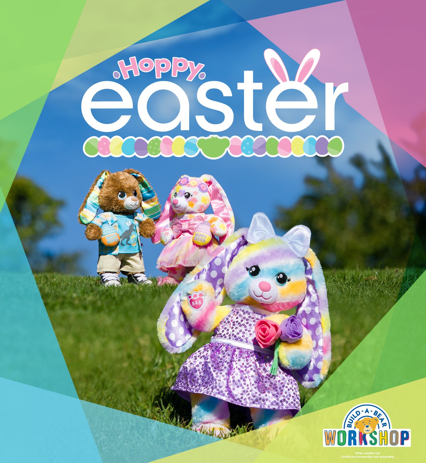 Three Hoppy Easter bunnies dressed up in Easter attire and colors. Build A Bear Workshop Logo. While Supplies last. Outfits and accessories sold separately.