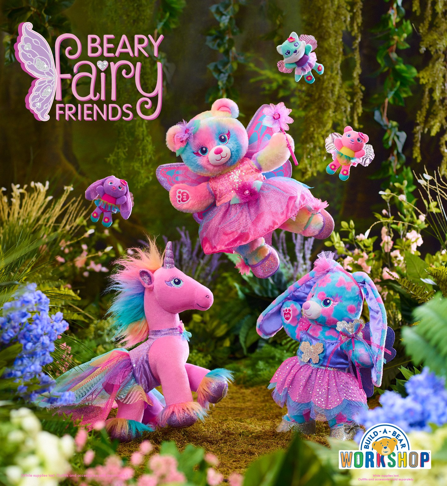 Beary Fairy Friends, brightly colored teddy bear, unicorn and bunny. Build A Bear Workshop Logo. While Supplies last. Outfits and accessories sold separately.