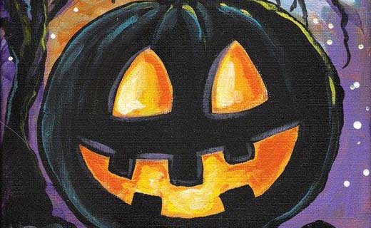 Black Jack-o'-lantern with orange eyes and mouth with spooky black tree and purple background