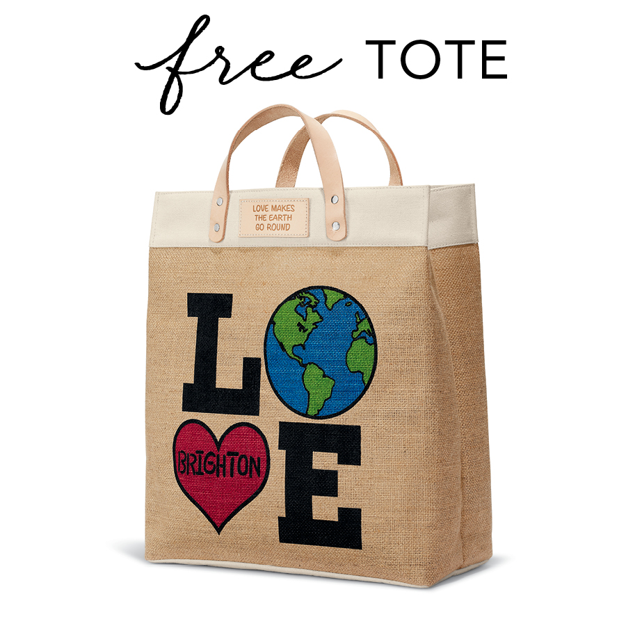 Burlap fabric tote with LOVE on side, tag copy Love Makes the Earth Go Round. Image copy: Free Tote