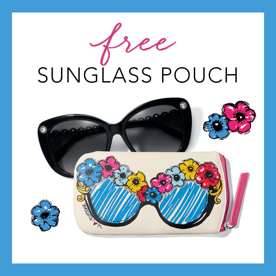 Copy: Free sunglass pouch. Black sunglasses shown along with Brighton floral decorated sunglass pouch.