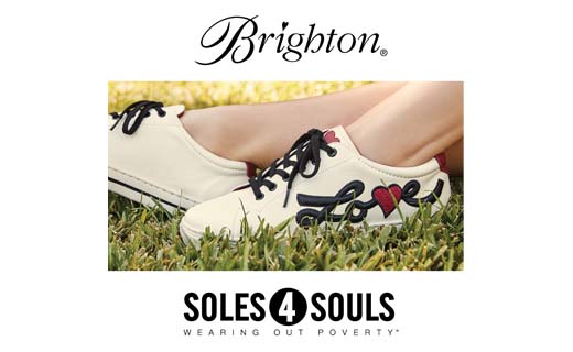 Brighton logo. Soles 4 Souls. Wearing Out Poverty. Image: Cropped image of feet wearing cream color tennis shoes with the word Love on the side.