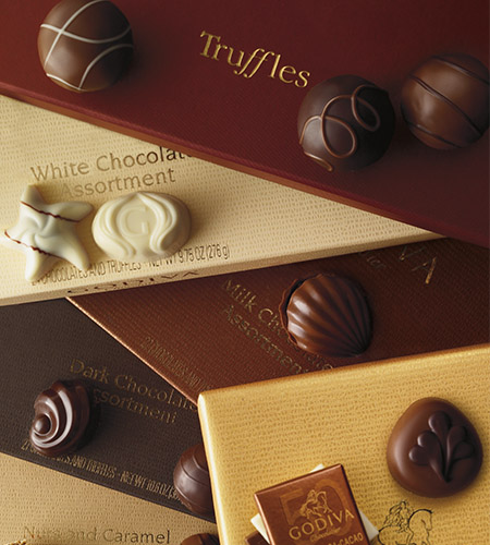 Shown: Assorted truffles, white chocolate, milk chocolate and dark chocolate pieces.