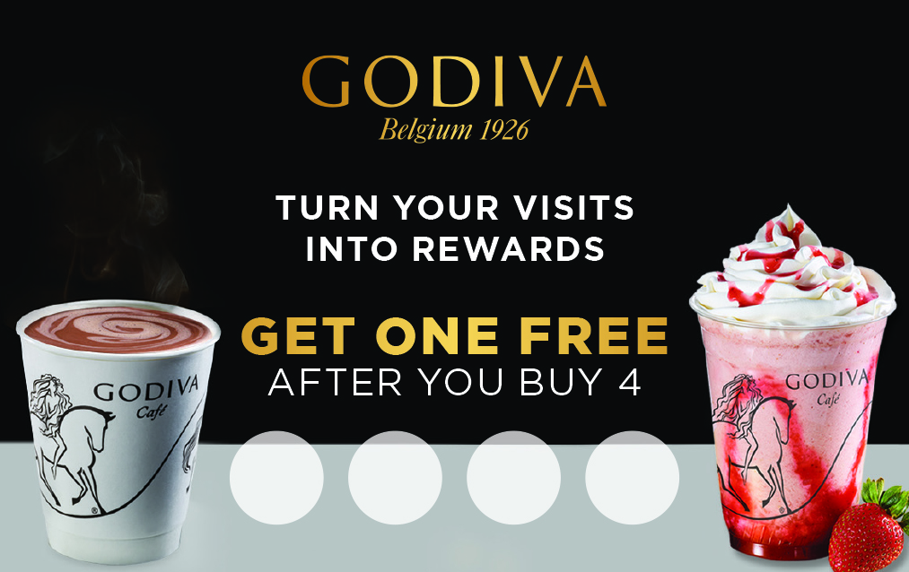Copy: Godiva Belgium 1926. Turn your visits into rewards. Get one gree after you buy 4. Shown two drinks, one hot chocolate, one strawberry chocolixer with strawberry next to cup.