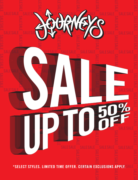 Journeys logo. Text: Sale up to 50% off. *Select styles. Limited time offer. Certain exclusions apply.