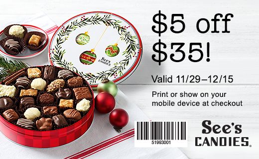 Image: Round holiday decorated tin with assorted See's Candies and a couple ornaments. Copy: $5 off $35! Valid 11/29 - 12/15. Print or show on your mobile device at checkout. Barcode: 51993001