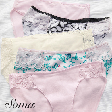 Five vanishing edge underwear in a variety of colors. Soma logo.