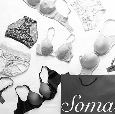 Soma logo. Image: Various colors and styles of bras and underwear shown in black and white.