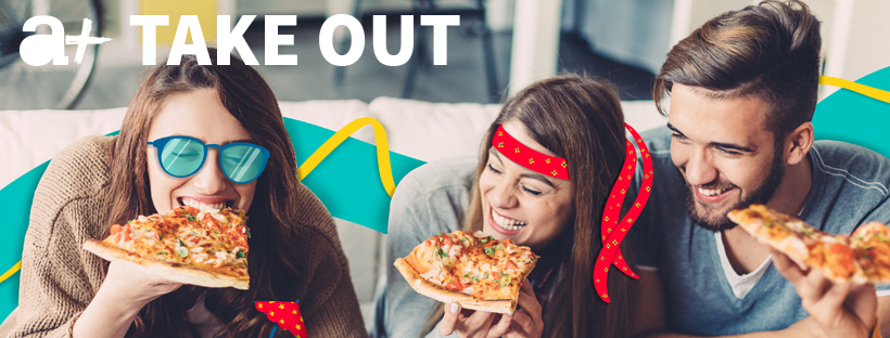 Photo reads, "a+ TAKEOUT" with three people eating pizza. "Doodle" drawings surrounding them for a playful effect.