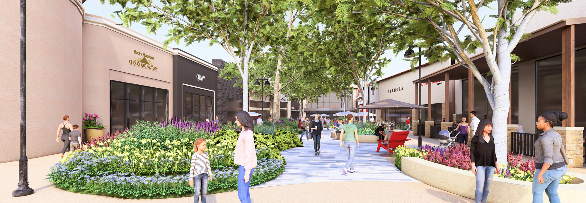 Rendering of Outdoor Village with soft seating, flowers, and walkways under trees