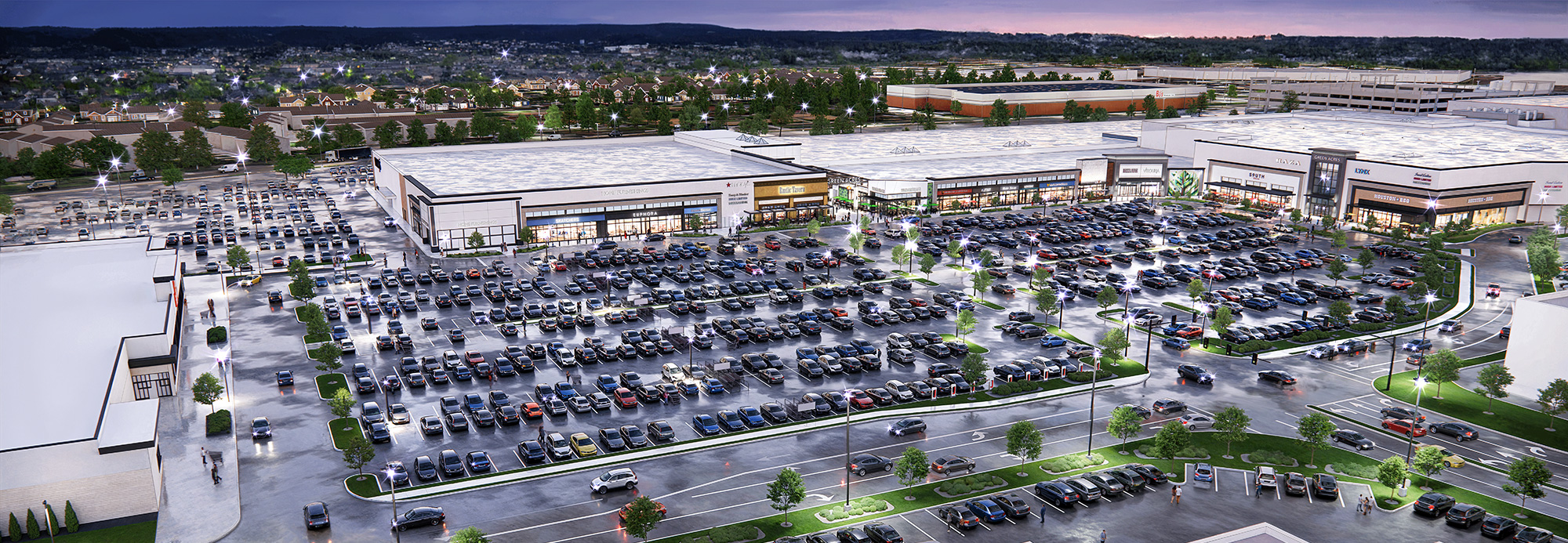 An aerial rendering of the redeveloped Green Acres