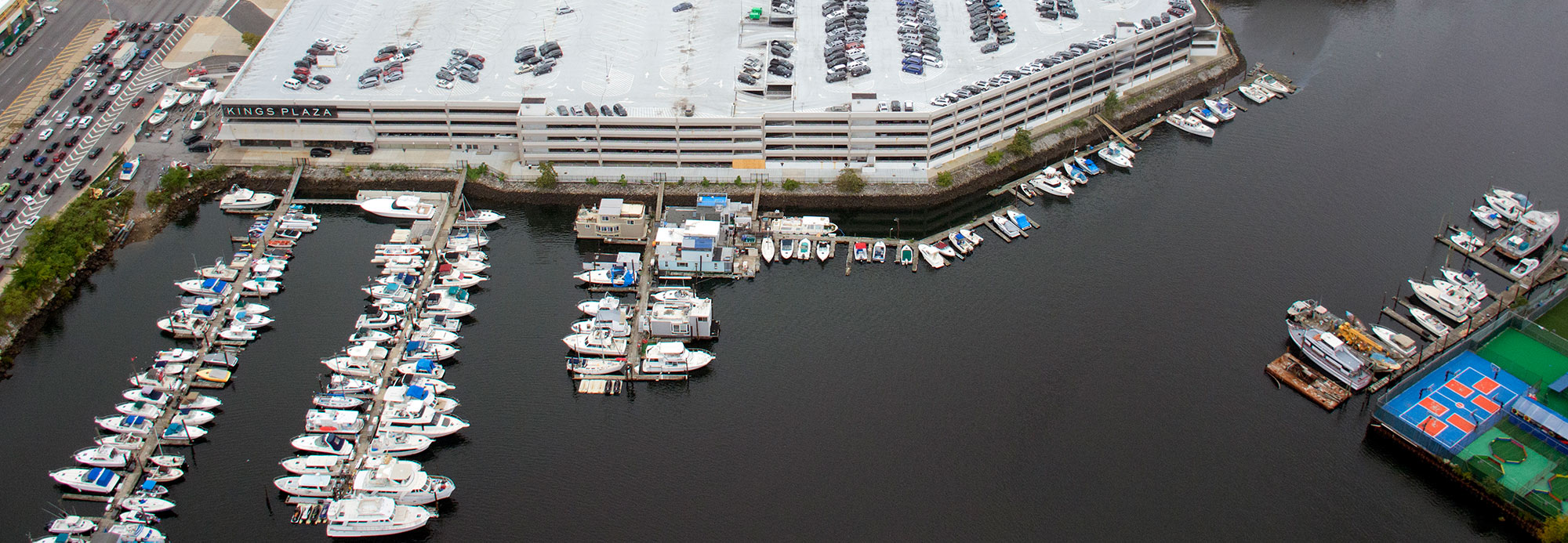 Aerial view of Kings Plaza and its marina