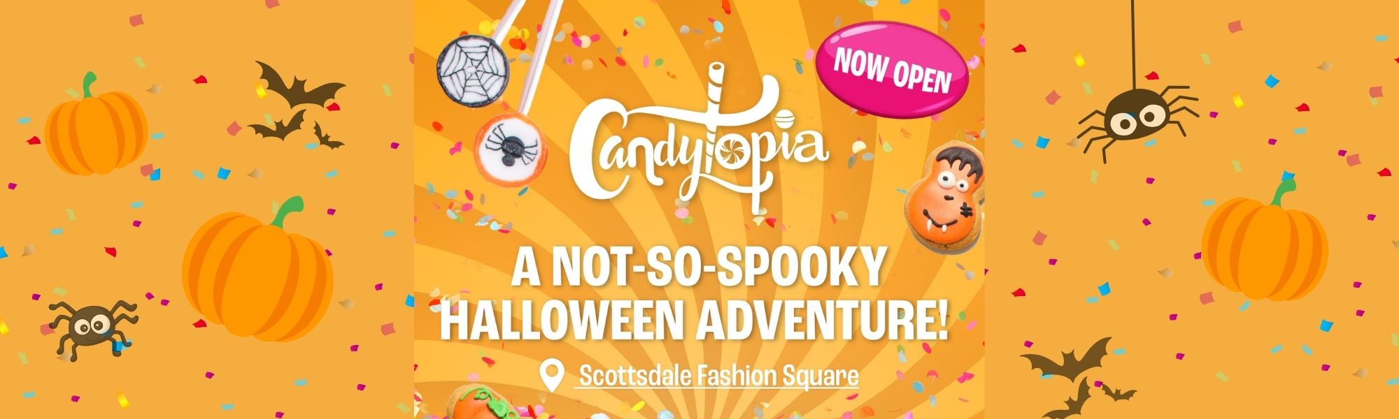 candytopia logo. now open - a not so spooky halloween adventure. scottsdale fashion square. orange background with halloween character images and confetti