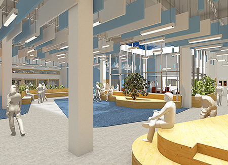 Architectural rendering of a modern indoor learning and community space featuring open seating areas, wood benches, large columns, hanging ceiling panels, plants, and people gathered throughout the bright collaborative environment.