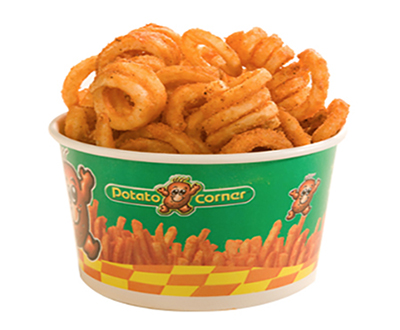 Potato Corner container filled with curly fries