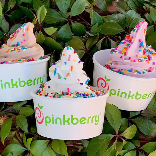 Vanilla, Chocolate & Strawberry yogurt with sprinkles in pinkberry cups.