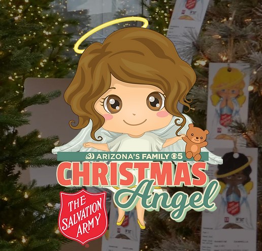 An cartoon Angel that says Arizona's Family Christmas Angel and a red shield that says The Salvation Army 