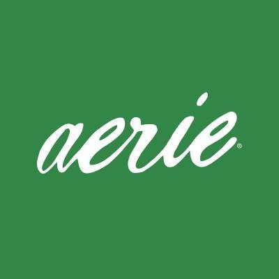 White letters spelling aerie on green background.