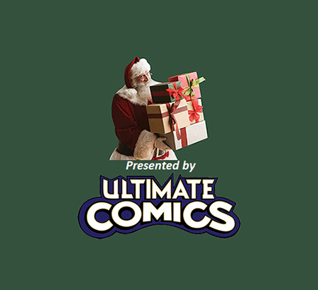 Santa holding a stack of presents with copy stating "Presented by Ultimate Comics"