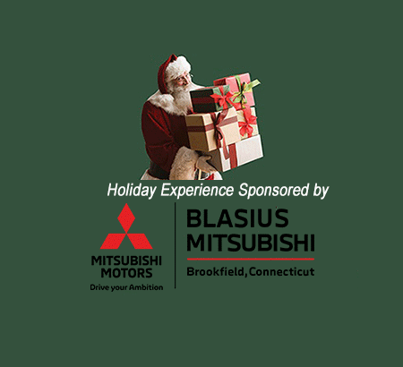Santa holding a stack of presents. Copy Reads "Mitsubishi Motors: Drive Your Ambition | Blasius Mitsubishi | Brookfield, Connecticut