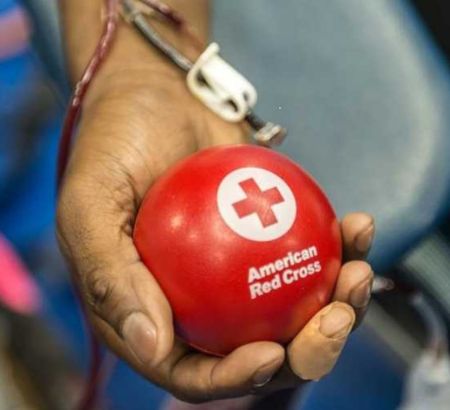 Donor squeezing red ball with American Red Cross Logo on it. 
