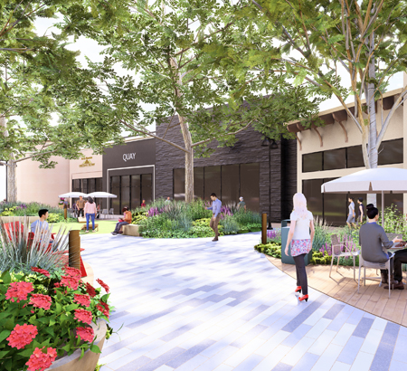 Rendering of Outdoor Village with soft seating, flowers, and walkways under trees