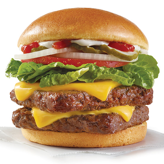 Double cheeseburger with lettuce, onions, tomato and pickels