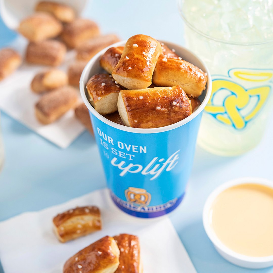 Pretzel Bites, Lemonade and Cheese Dipping Sauce - cup wording says "Our Oven is set to Uplift"