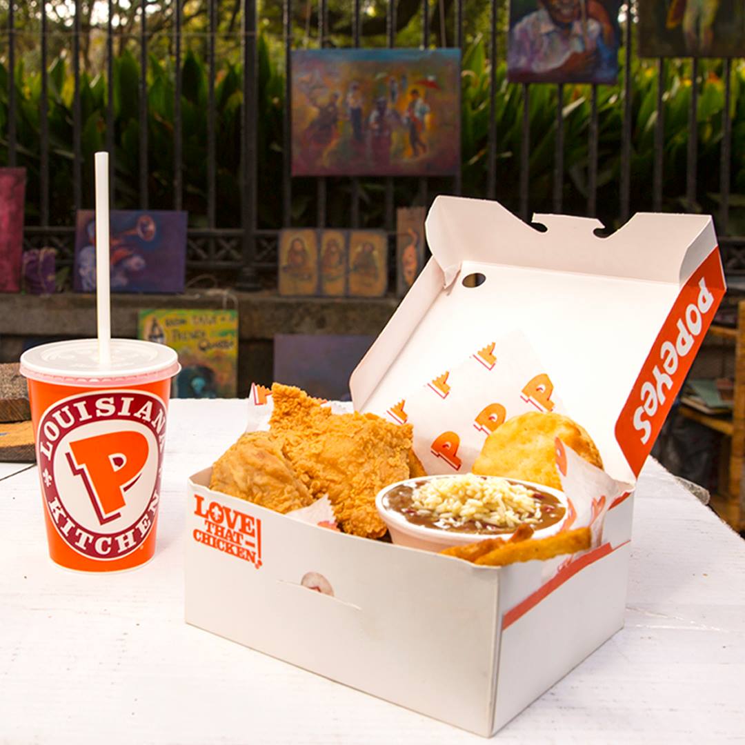 Popeye's chicken meal box and drink