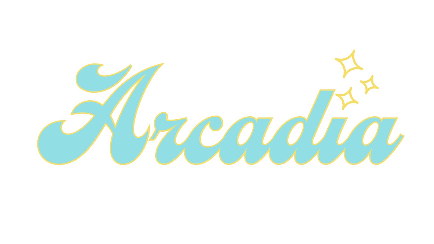 Arcadia branded logo with yellow and blue letters and a white background.