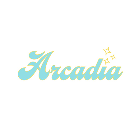 Arcadia branded logo with yellow and blue letters and a white background.