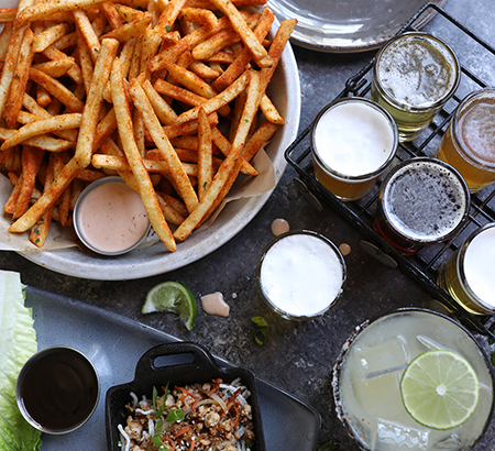 Seasoned Fries beer sampler Margarita and lettuce wraps
