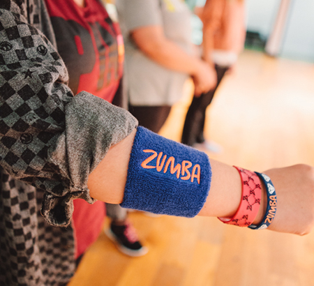 close up of Zumba wrist sweat guard