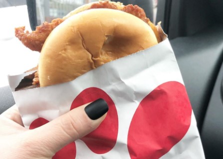 Burger with hand holding it in a chick fil a pouch