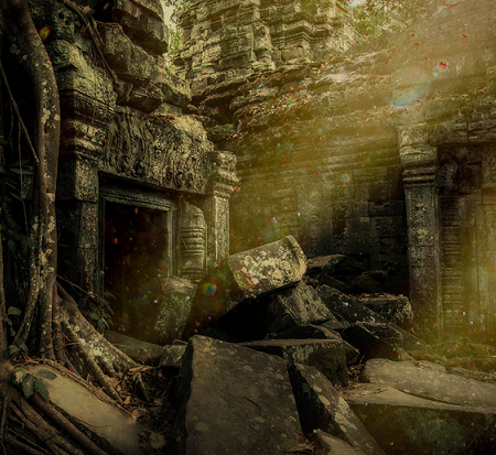 Abandoned ruins overgrown with vines.