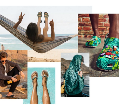 A collage of images of people wearing sandals outdoors.
