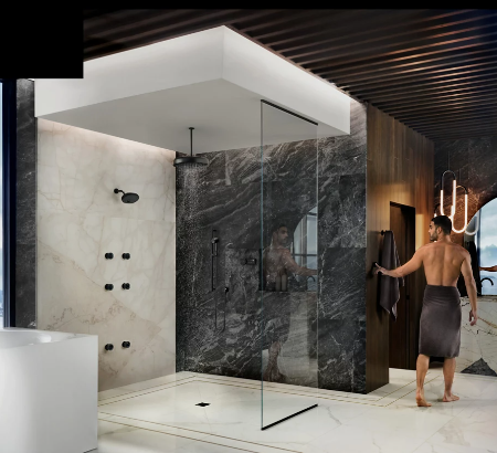 State of the art bathroom including freestanding tub and marble shower.