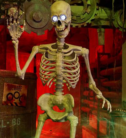 Skeleton with light up eyes in front of a red background