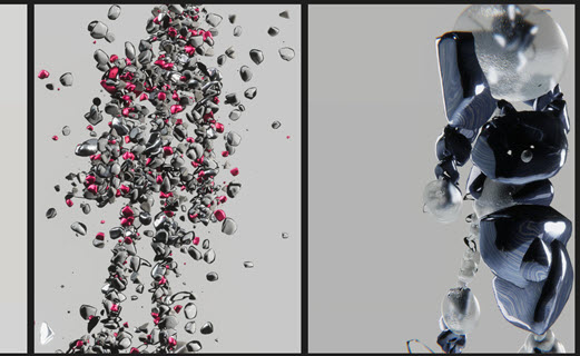 floating gray, silver and blue objects and shapes in a visual light art display