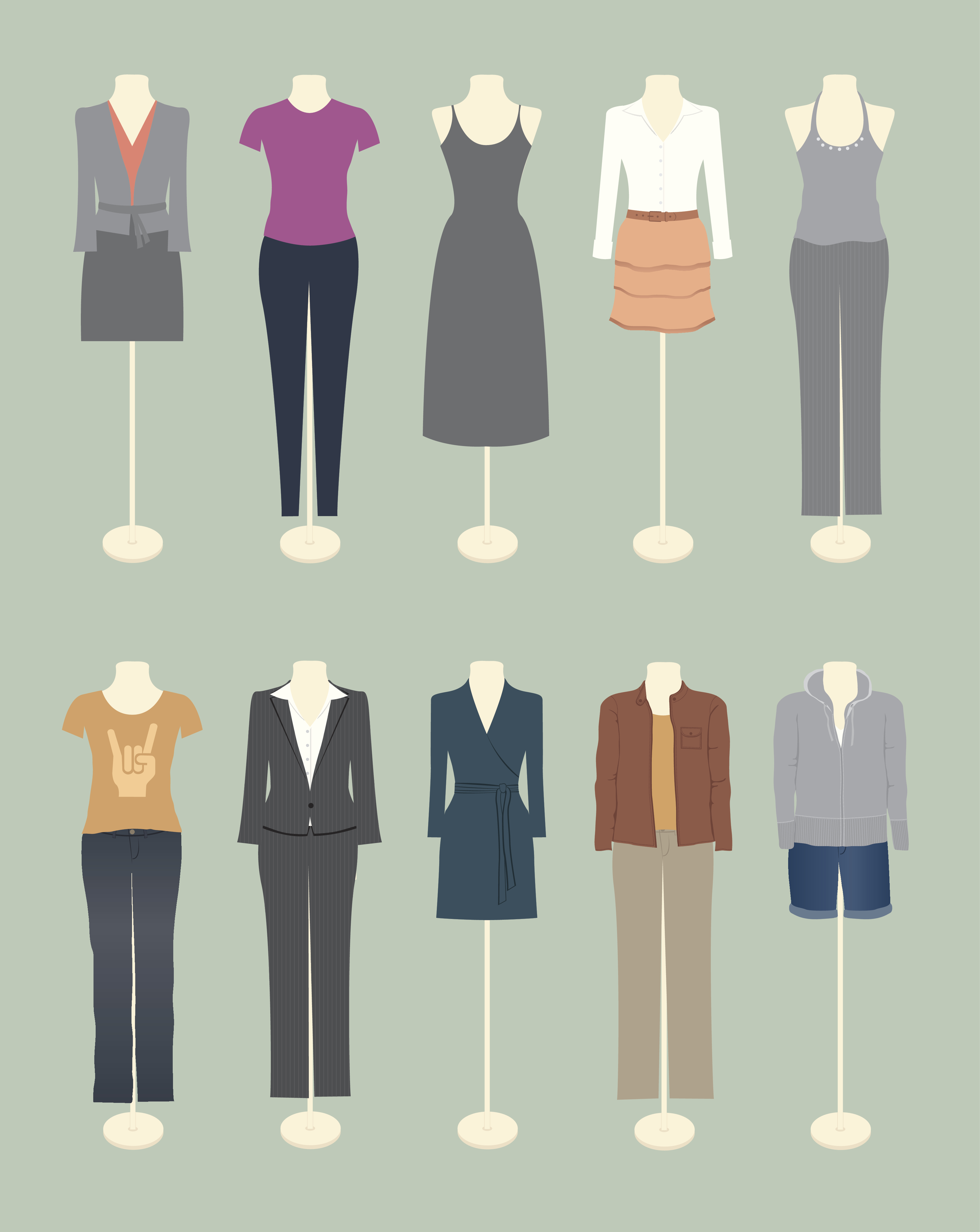 8 mannequins drawn on a green background in a variety of attire