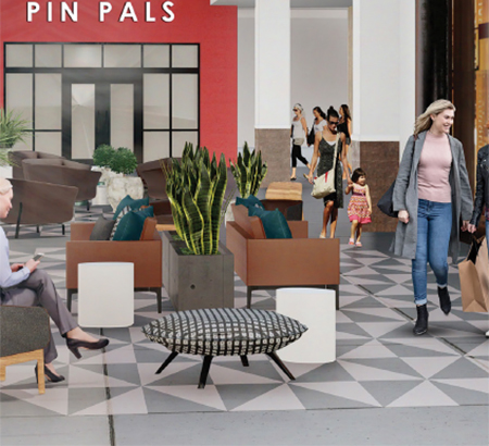 A rendering of a seating area at Stonewood Center