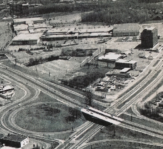 A black and white aerial view of Tysons Corner Center from 1972