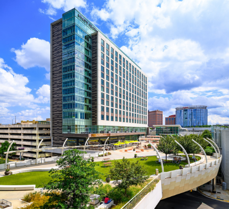 An exterior view of The Plaza at Tysons Corner Center