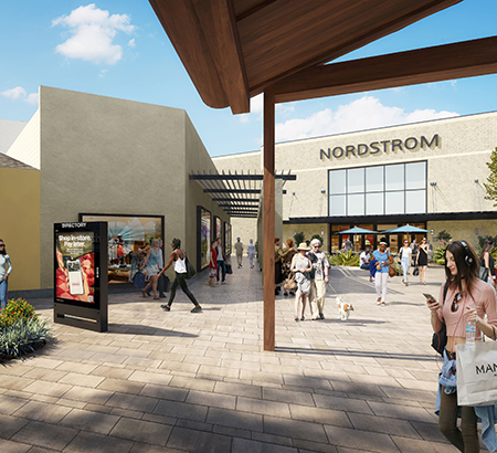 A rendering of a guest wayfinding on her phone at The Village at Corte Madera