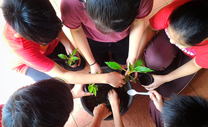 Five kids planting seedlings