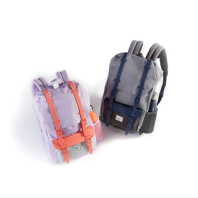 Two backpacks, one pastel purple with salmon trim and the other gray with blue trim