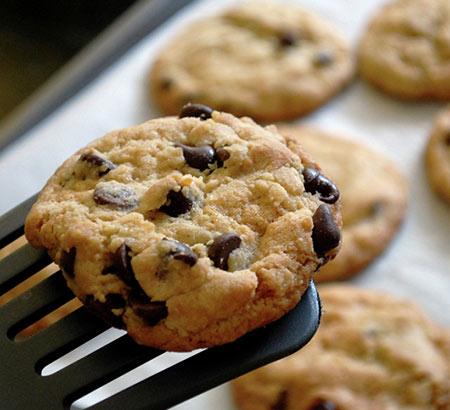 chocolate chip cookies on a spatula